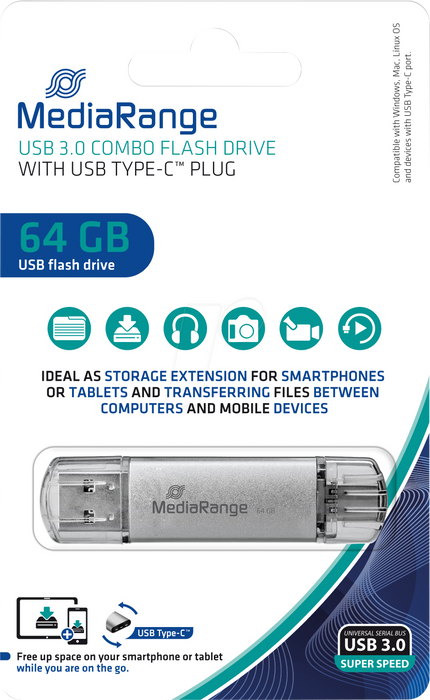 MediaRange USB 3.0 комбинирана флаш памет, с USB Type-C™ накрайник, 64GB