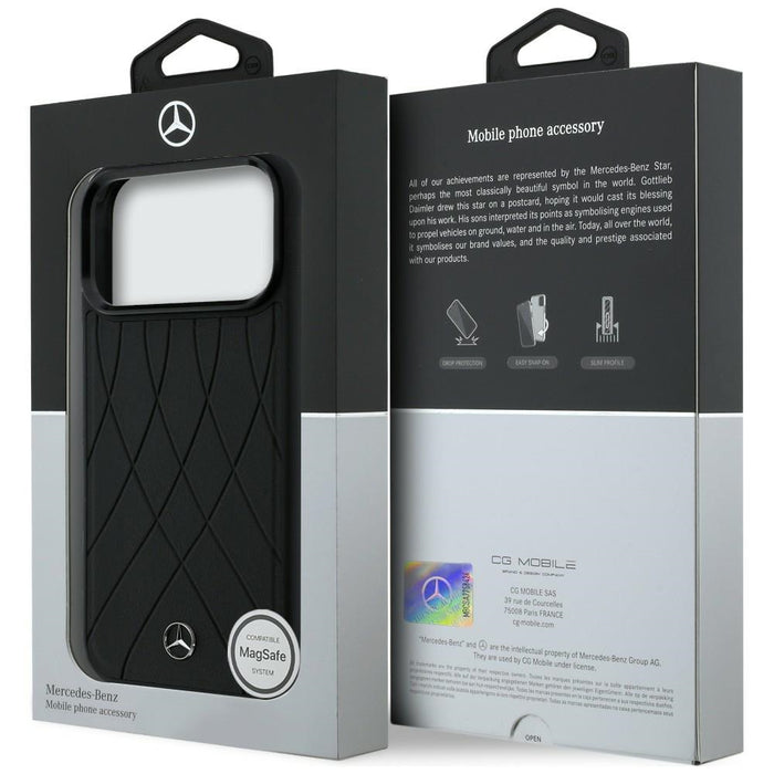 Кожен калъф Mercedes с кръстосани линии MagSafe за iPhone 17 Pro Max - черен