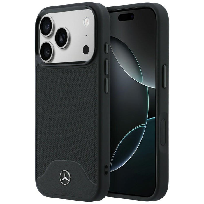 Кожен калъф Mercedes с дървен ефект и извивка MagSafe за iPhone 17 Pro - черен