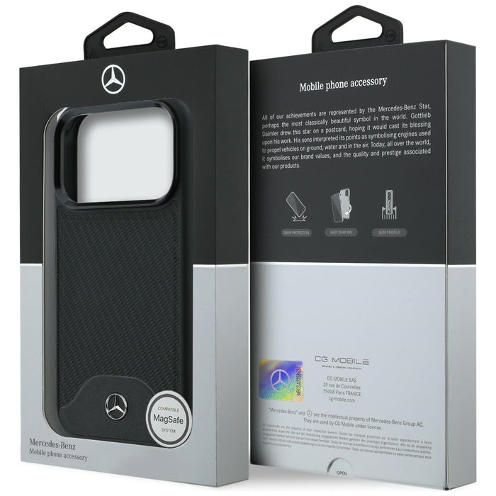 Кожен калъф Mercedes с дървен ефект и извивка MagSafe за iPhone 17 Pro - черен