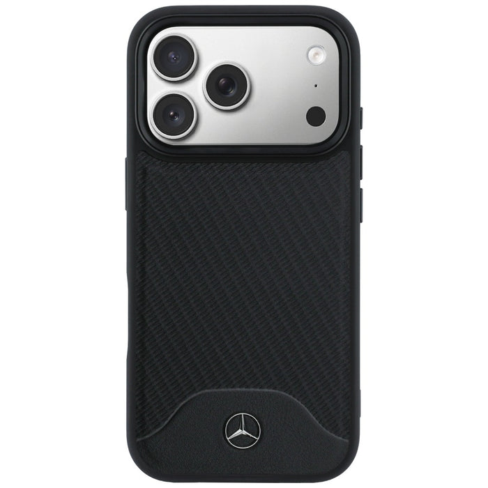 Кожен калъф Mercedes с дървен ефект и извивка MagSafe за iPhone 17 Pro Max - черен