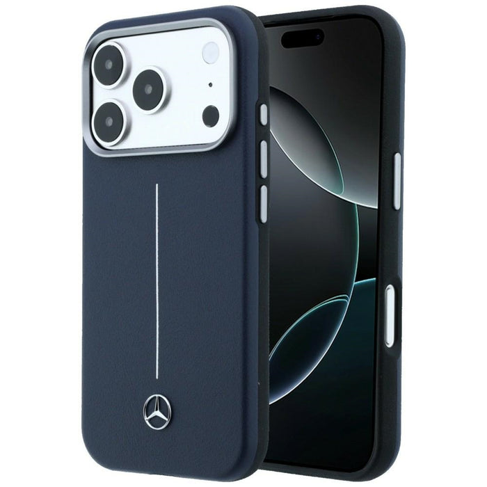 Кожен калъф Mercedes Semi Wrap Iconic Line MagSafe за iPhone 17 Pro Max - тъмносин