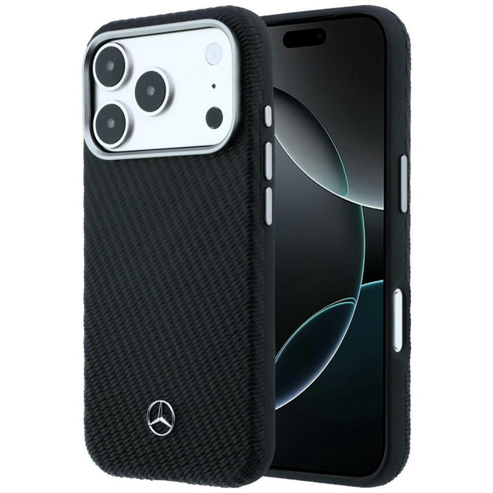 Кожен калъф Mercedes Semi Wrap с дървен ефект MagSafe за iPhone 17 Pro - черен