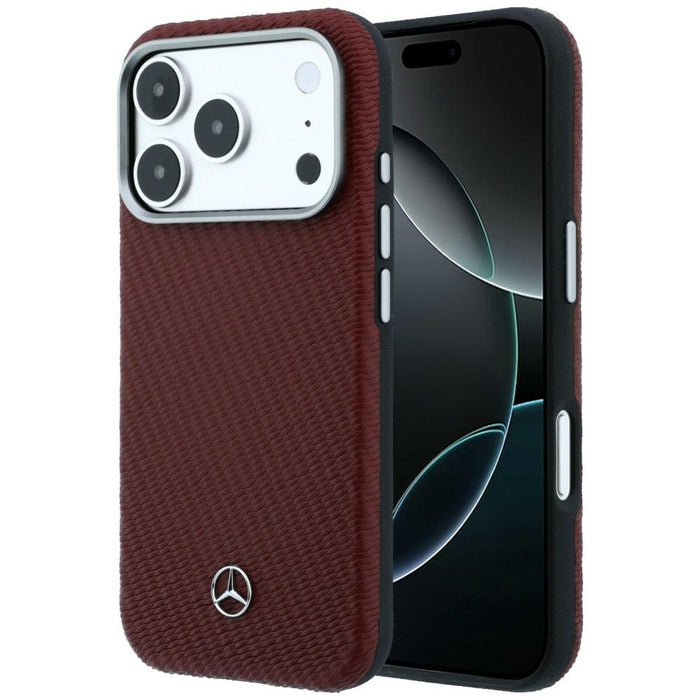 Кожен калъф Mercedes Semi Wrap с дървен ефект MagSafe за iPhone 17 Pro - червен
