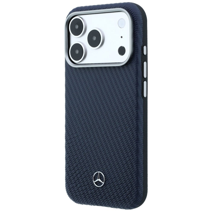 Кожен калъф Mercedes Semi Wrap с дървен ефект MagSafe за iPhone 17 Pro - тъмносин