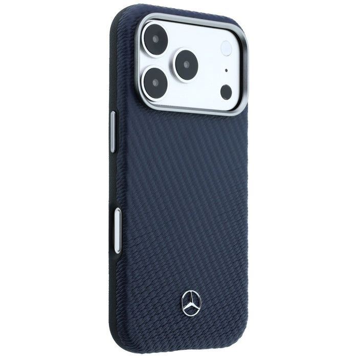 Кожен калъф Mercedes Semi Wrap с дървен ефект MagSafe за iPhone 17 Pro - тъмносин