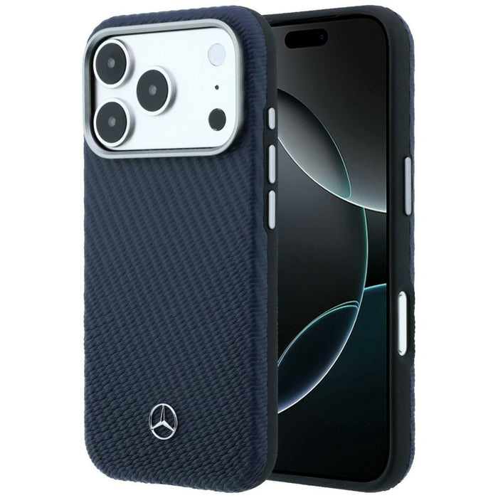 Кожен калъф Mercedes Semi Wrap с дървен ефект MagSafe за iPhone 17 Pro Max - тъмносин