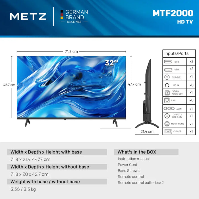 METZ Телевизор 32’’ LED HD TV 1366x768 2x10W