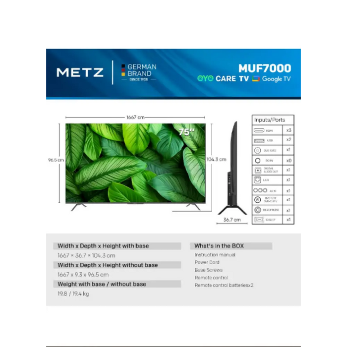 METZ Телевизор 75’’ UHD LED SMART TV 4K Google TV Frameless