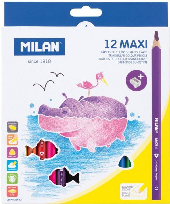 Цветни моливи Milan - Maxi, 12 молива и острилка