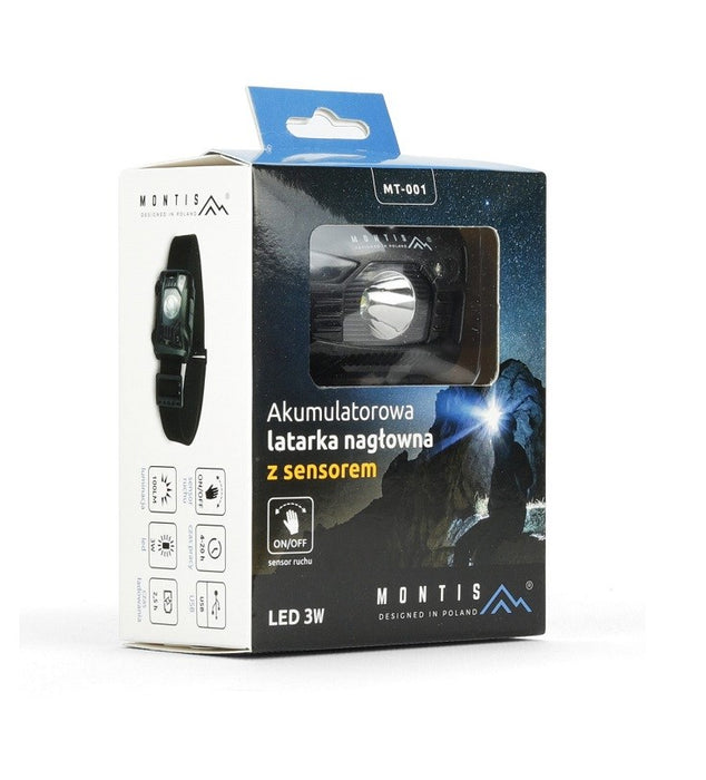 Montis Akumulatorowa latarka nagłowna z sensorem MT001 Черно фенерче с лента за глава LED
