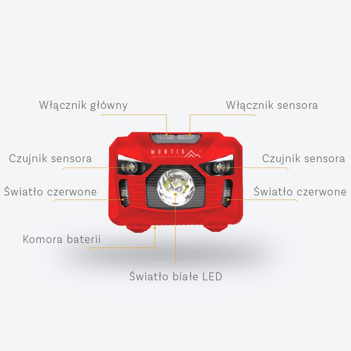 Montis Bateryjna latarka nagłowna z sensorem MT002 Red, Black Headband фенерче LED