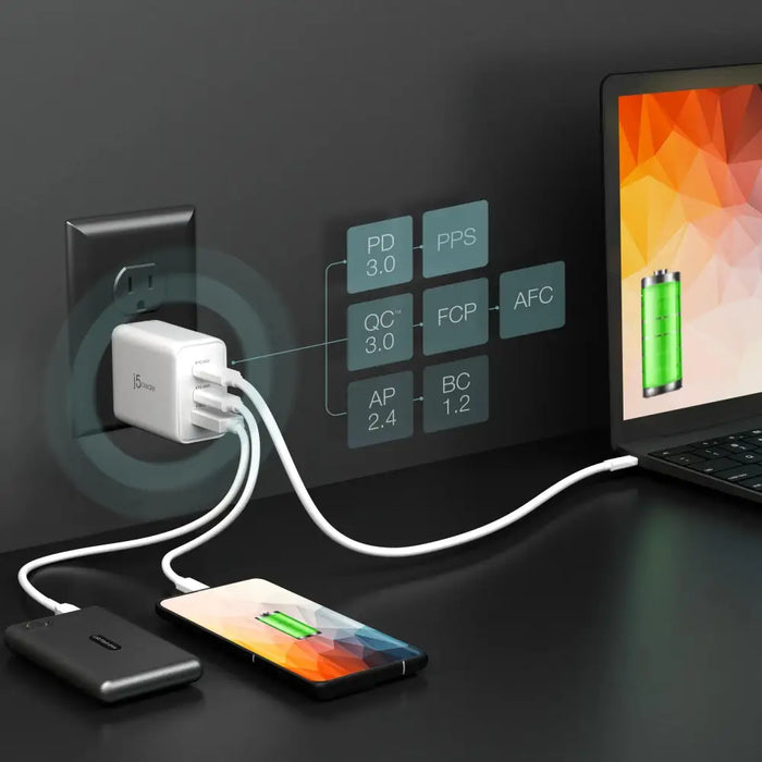 Мрежово зарядно j5create JUP3365E 65W 3 порта USB-C USB-A