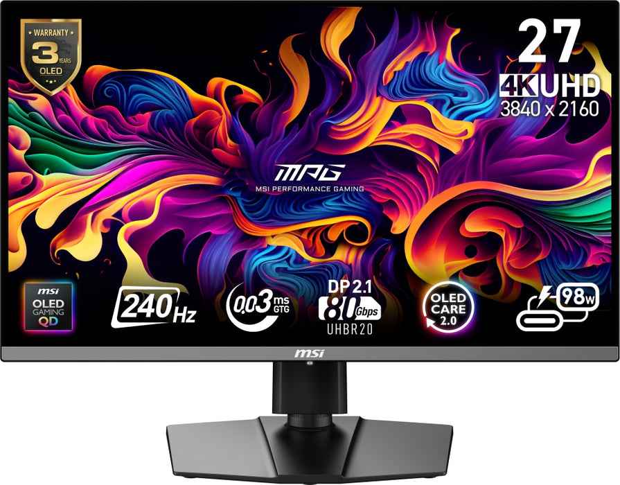 MSI MPG 272URX QD-OLED геймърски монитор, 26.5", 0.03ms, 240Hz, 3840x2160, G-SYNC, AMD FreeSync Premium Pro, AI Vision, конзолен режим, ClearMR 13000, HDR True Black 400, Type-C (98W PD), DP(2.1a), 2xHDMI(2.1), USB хъб, Pivot, Heigh Adj., VESA, черен, 8.1