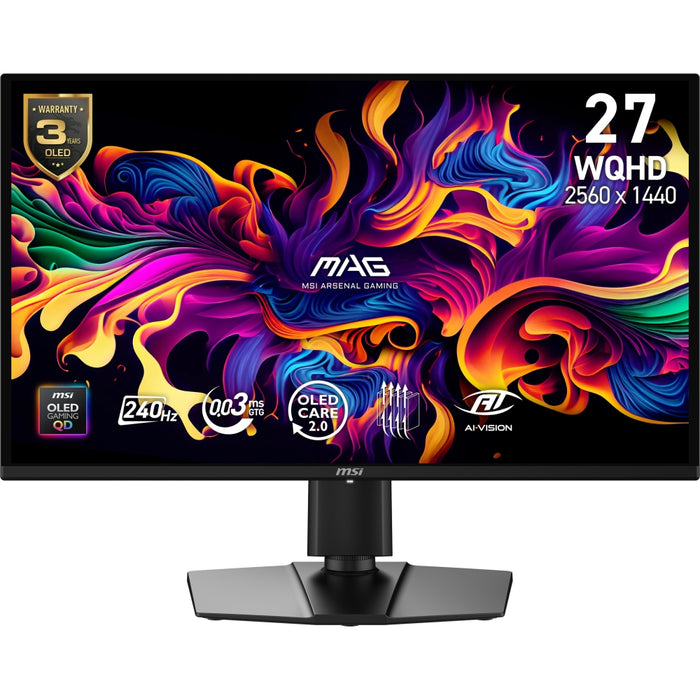 MSI MAG 274QP QD-OLED X24 геймърски монитор, 26.5", 0.03ms, 240Hz, 2560x1440, G-SYNC, AMD FreeSync Premium, AI Vision, конзолен режим, ClearMR 13000, HDR Ready, DP(1.4a), 2xHDMI(2.1), Pivot, Heigh Adj., VESA 100, черен, 6.7kg
