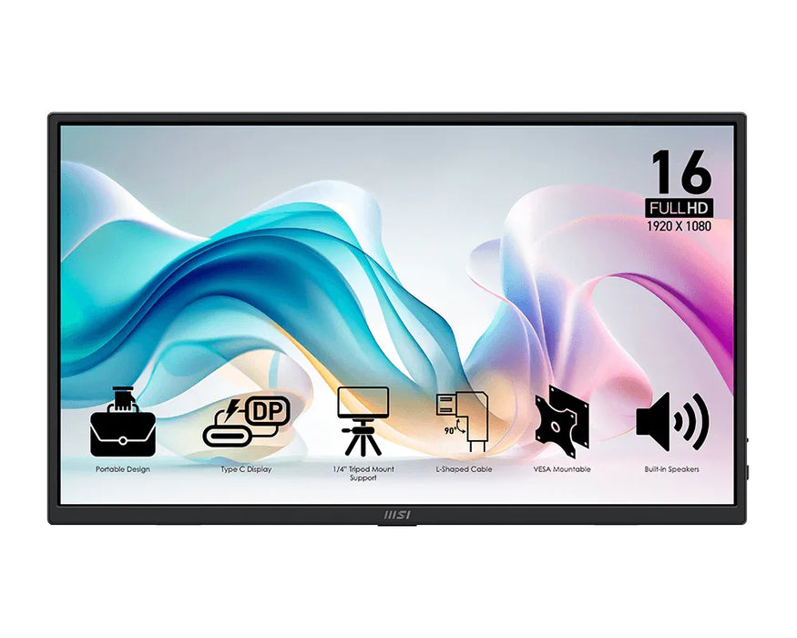 Преносим монитор MSI PRO MP165 E6, 15.6", 4ms, 60Hz IPS, 1920x1080, EyesErgo, Anti-flicker, По-малко синя светлина, 250nits AG, 16.7M, 1000:1, 2xType-C (15W), HDMI (2.0b), 2x1W, Накланяне, VESA 75, Черен, 0.78kg