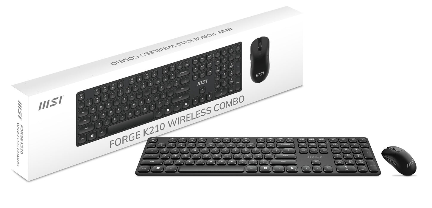 Безжична клавиатура MSI FORGE K210, комбинирана, мишка, за дома/офиса, USB, QWERTY, американски английски, черна