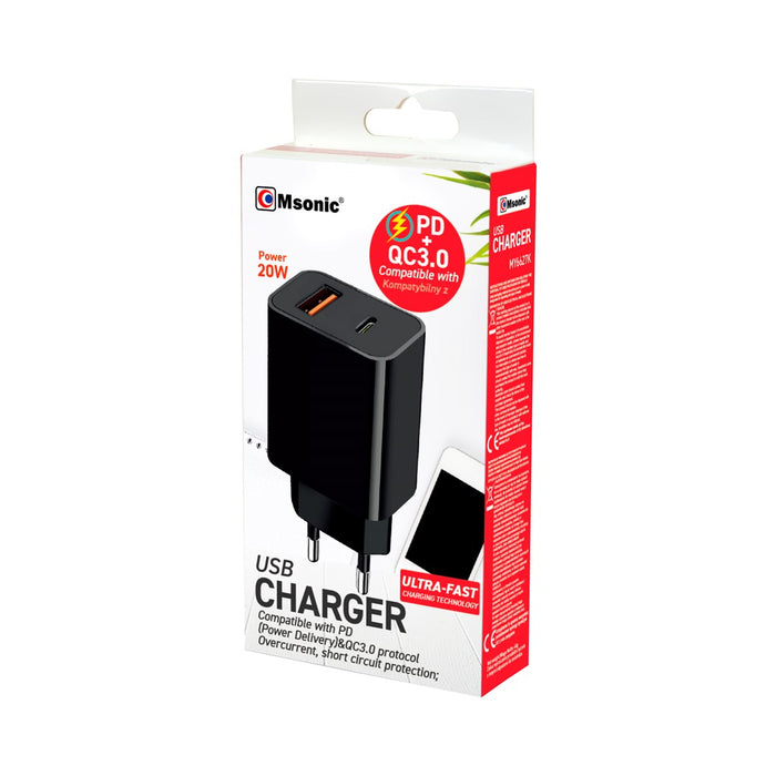 Мрежово зарядно MSONIC USB+USB-C 20W QC3.0 PD MY6635K