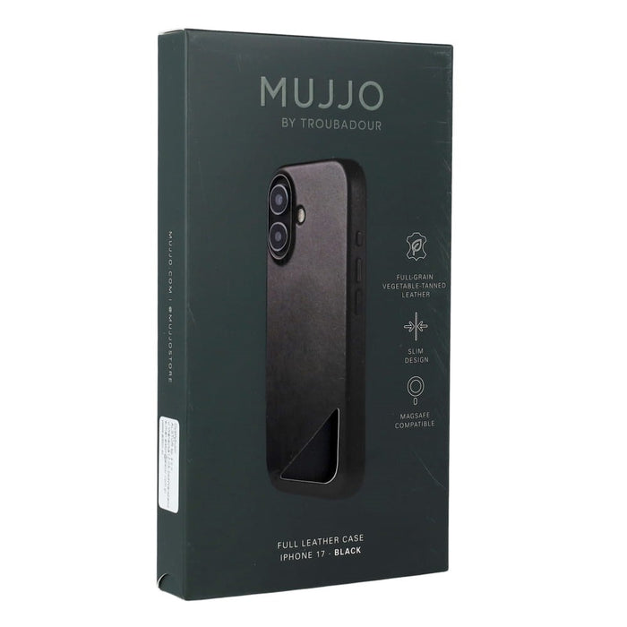 Mujjo изцяло кожен калъф MagSafe за iPhone 17, черен