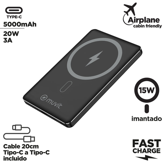 Преносима батерия Powerbank Muvit for Change Черен Алуминий 5000 mAh