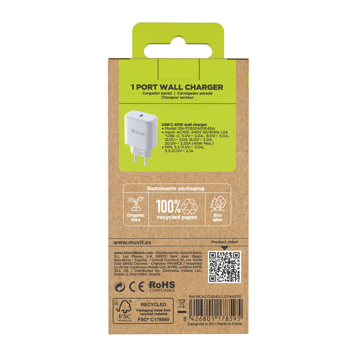 Зарядно за стена Muvit SN-TC650AD1E45A Бял 45 W