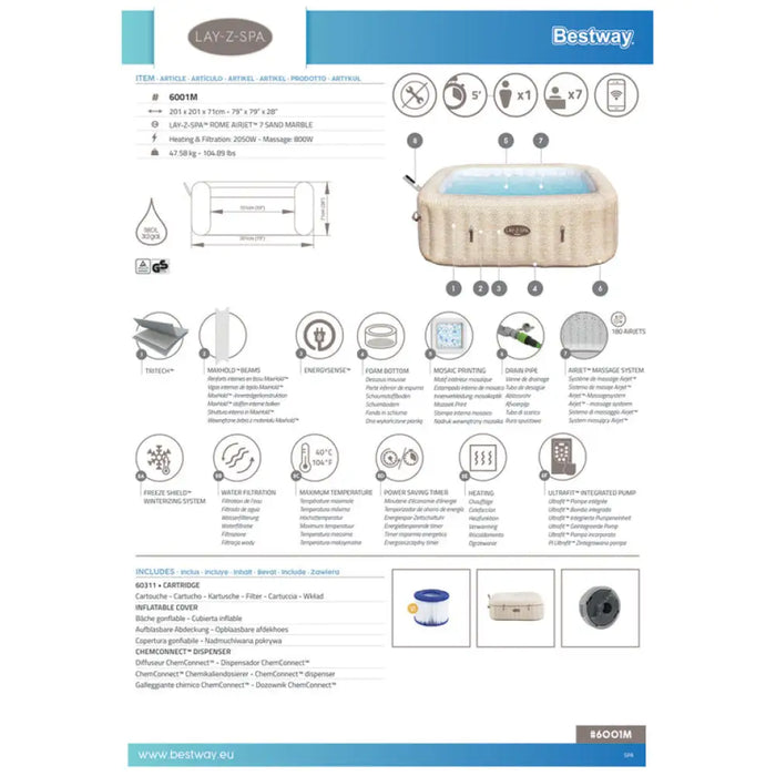 НАДУВАЕМО ДЖАКУЗИ 201X71CM ROME BESTWAY 6001M
