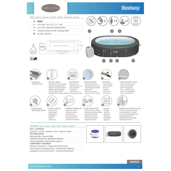 НАДУВАЕМО ДЖАКУЗИ 270X180X71CM BESTWAY MAURITIUS