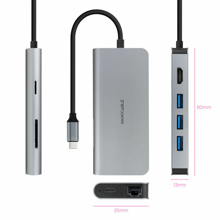 USB извод NANOCABLE Hub 8en1 Сив 18 cm