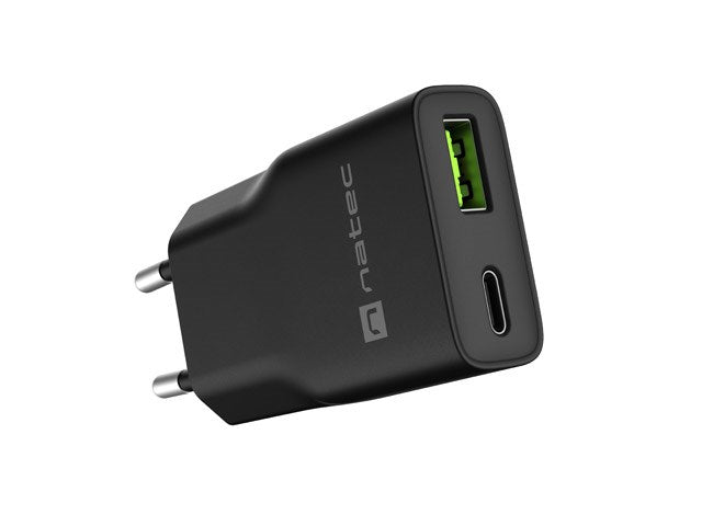 NATEC RIBERA GAN SLIM Мрежово зарядно устройство 1× USB-A + 1× USB-C 20W Черно