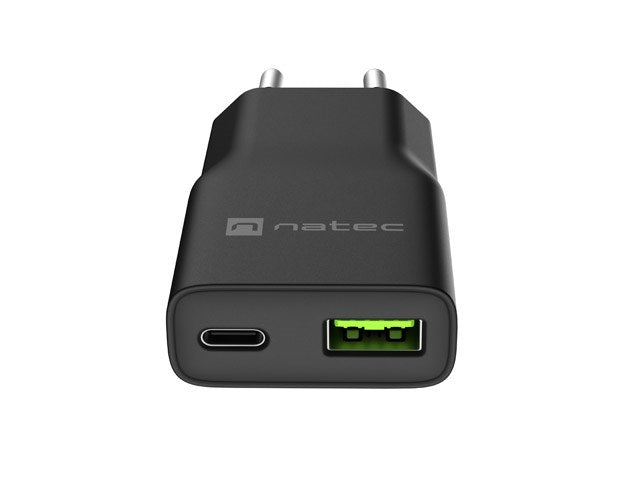 NATEC RIBERA GAN SLIM Мрежово зарядно устройство 1× USB-A + 1× USB-C 20W Черно