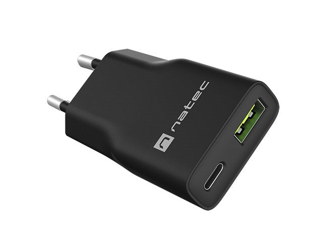 NATEC RIBERA GAN SLIM Мрежово зарядно устройство 1× USB-A + 1× USB-C 20W Черно