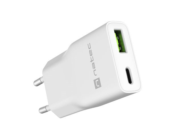 NATEC RIBERA GAN SLIM Мрежово зарядно устройство 1× USB-A + 1× USB-C 20W Бяло