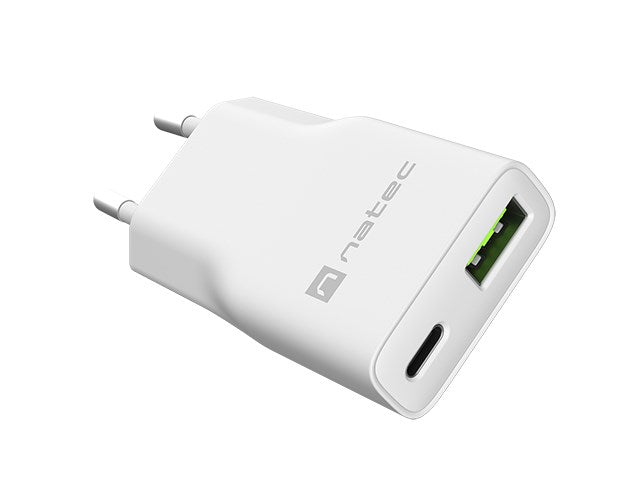 NATEC RIBERA GAN SLIM Мрежово зарядно устройство 1× USB-A + 1× USB-C 20W Бяло