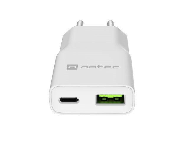 NATEC RIBERA GAN SLIM Мрежово зарядно устройство 1× USB-A + 1× USB-C 20W Бяло