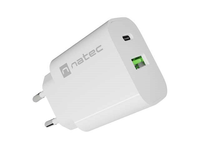 ЗАРЯДНО УСТРОЙСТВО NATEC RIBERA 1X USB-A + 1X USB-C 20W БЯЛО