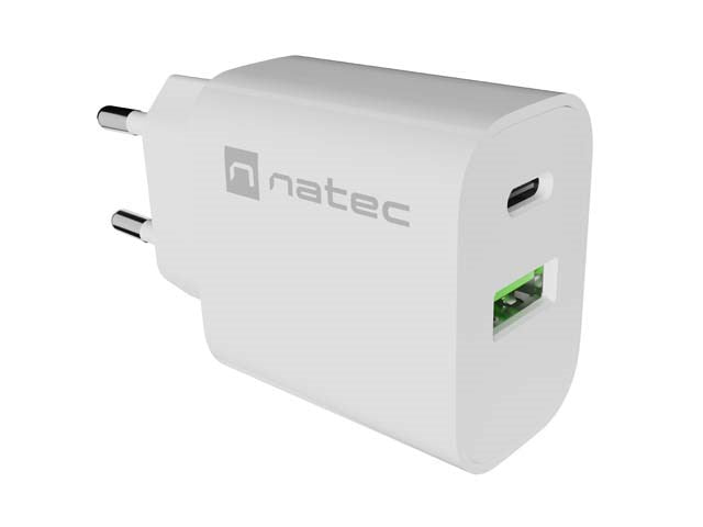 ЗАРЯДНО УСТРОЙСТВО NATEC RIBERA 1X USB-A + 1X USB-C 20W БЯЛО
