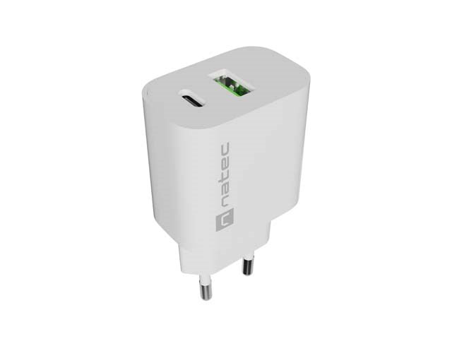 ЗАРЯДНО УСТРОЙСТВО NATEC RIBERA 1X USB-A + 1X USB-C 20W БЯЛО