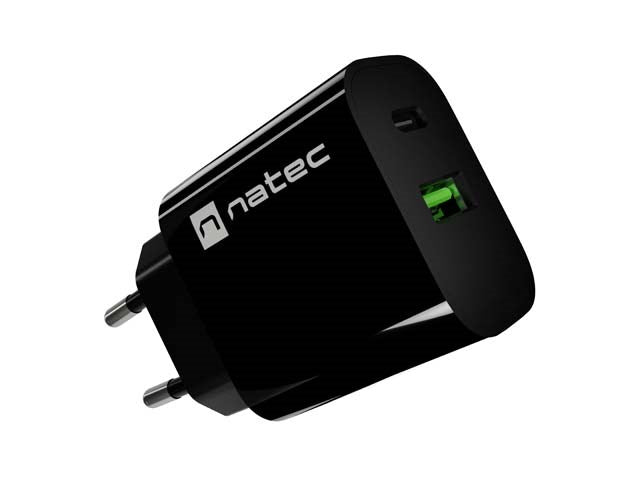 ЗАРЯДНО УСТРОЙСТВО ЗА СТЕН NATEC RIBERA 1X USB-A + 1X USB-C 20W ЧЕРНО