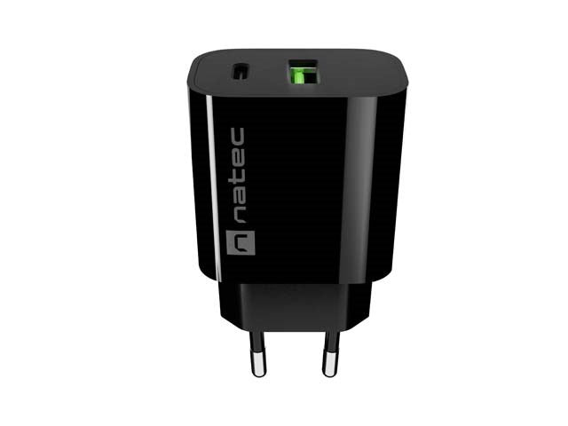ЗАРЯДНО УСТРОЙСТВО ЗА СТЕН NATEC RIBERA 1X USB-A + 1X USB-C 20W ЧЕРНО
