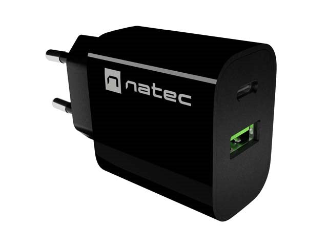ЗАРЯДНО УСТРОЙСТВО ЗА СТЕН NATEC RIBERA 1X USB-A + 1X USB-C 20W ЧЕРНО