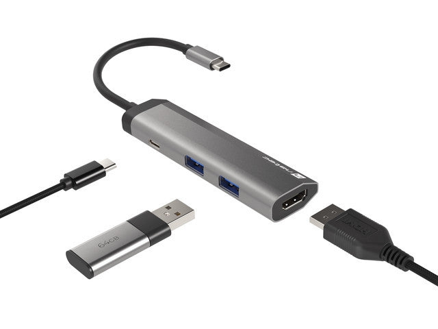 Многопортов адаптер Natec Fowler 4 в 1, 2xUSB 3.0 HUB, HDMI 4K, USB-C PD, тънък