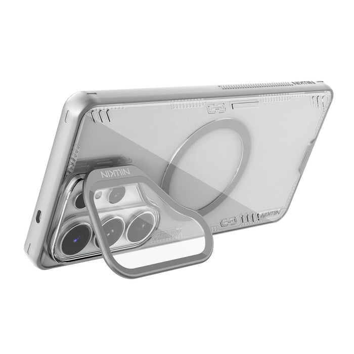 Nillkin Iceblade Prop Магнитен калъф с капак за камерата и стойка, съвместим с MagSafe за Samsung Galaxy S26 Ultra - прозрачен сив