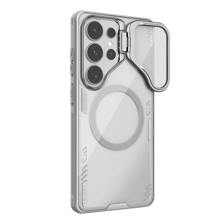 Nillkin Iceblade Prop Магнитен калъф с капак за камерата и стойка, съвместим с MagSafe за Samsung Galaxy S26 Ultra - прозрачен сив
