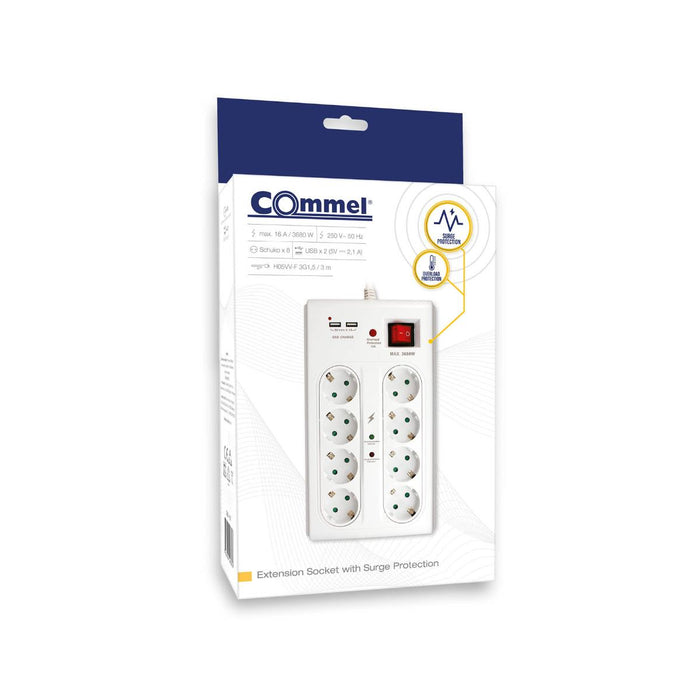 РАЗКЛОНИТЕЛ 8X2P+E 2XUSBА 3М БЯЛ COMMEL