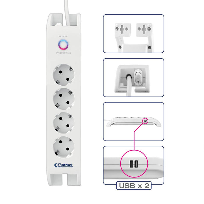 РАЗКЛОНИТЕЛ 4X2P+E 2XUSBА 2М БЯЛ COMMEL