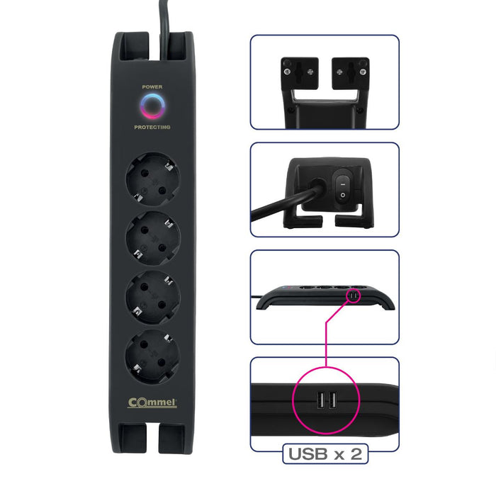 РАЗКЛОНИТЕЛ 4X2P+E 2XUSBА 2М ЧЕРЕНCOMMEL