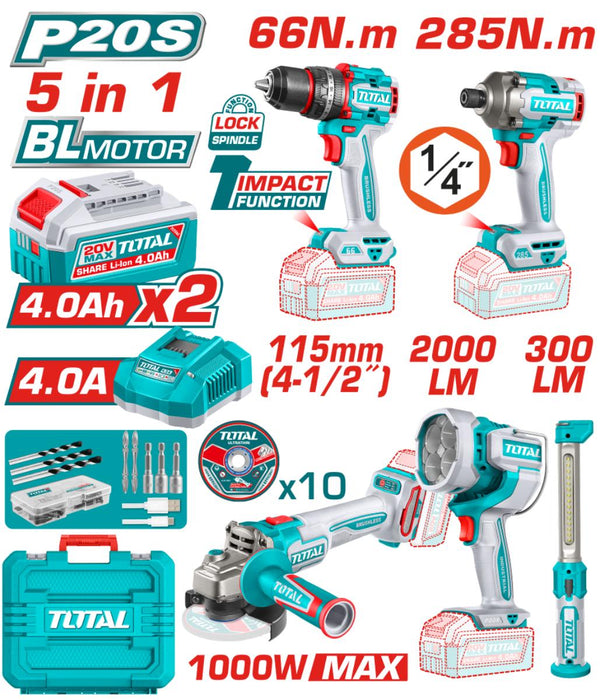 К-Т АКУМ.ИНСТРУМЕНТИ 20V 5В1 2X4AH TOTAL