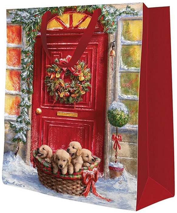 Коледна подаръчна торбичка - Basket With Puppies, 17 x 17 x 6 cm