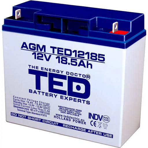 Оловна батерия TED ELECTRIC 12V 18.5Ah 181/ 76/ 167 mm AGM