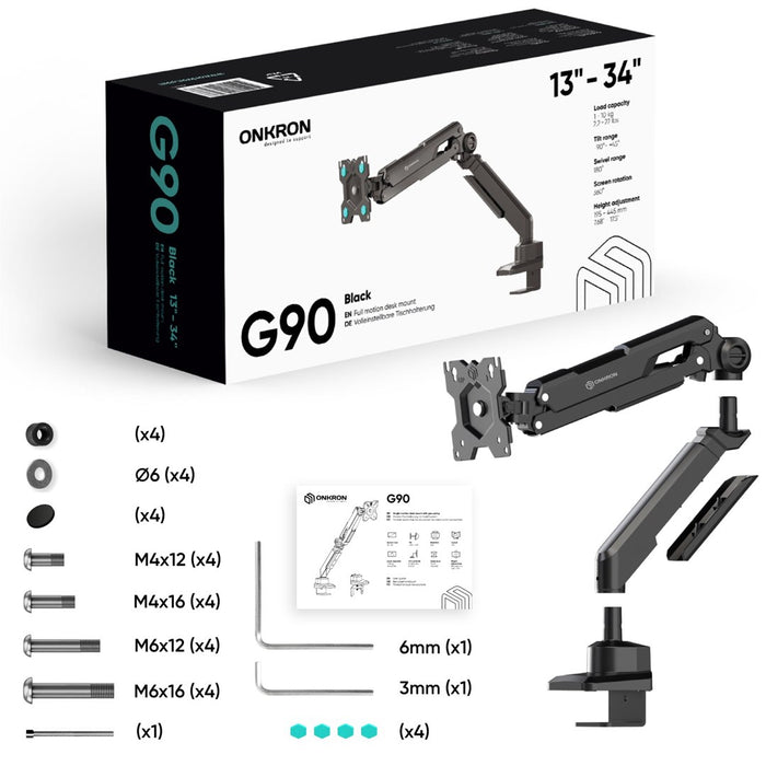 ONKRON G90-B Въртяща се и накланяща се настолна стойка за монитори 13'-34', макс. 10 кг, с въртене, черна